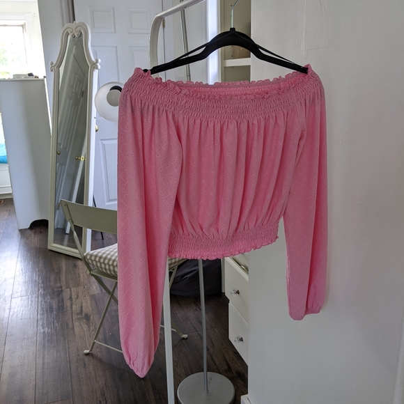 Flamingo Pink Off the Shoulder Long Sleeve Shirt - Picture 3 of 4